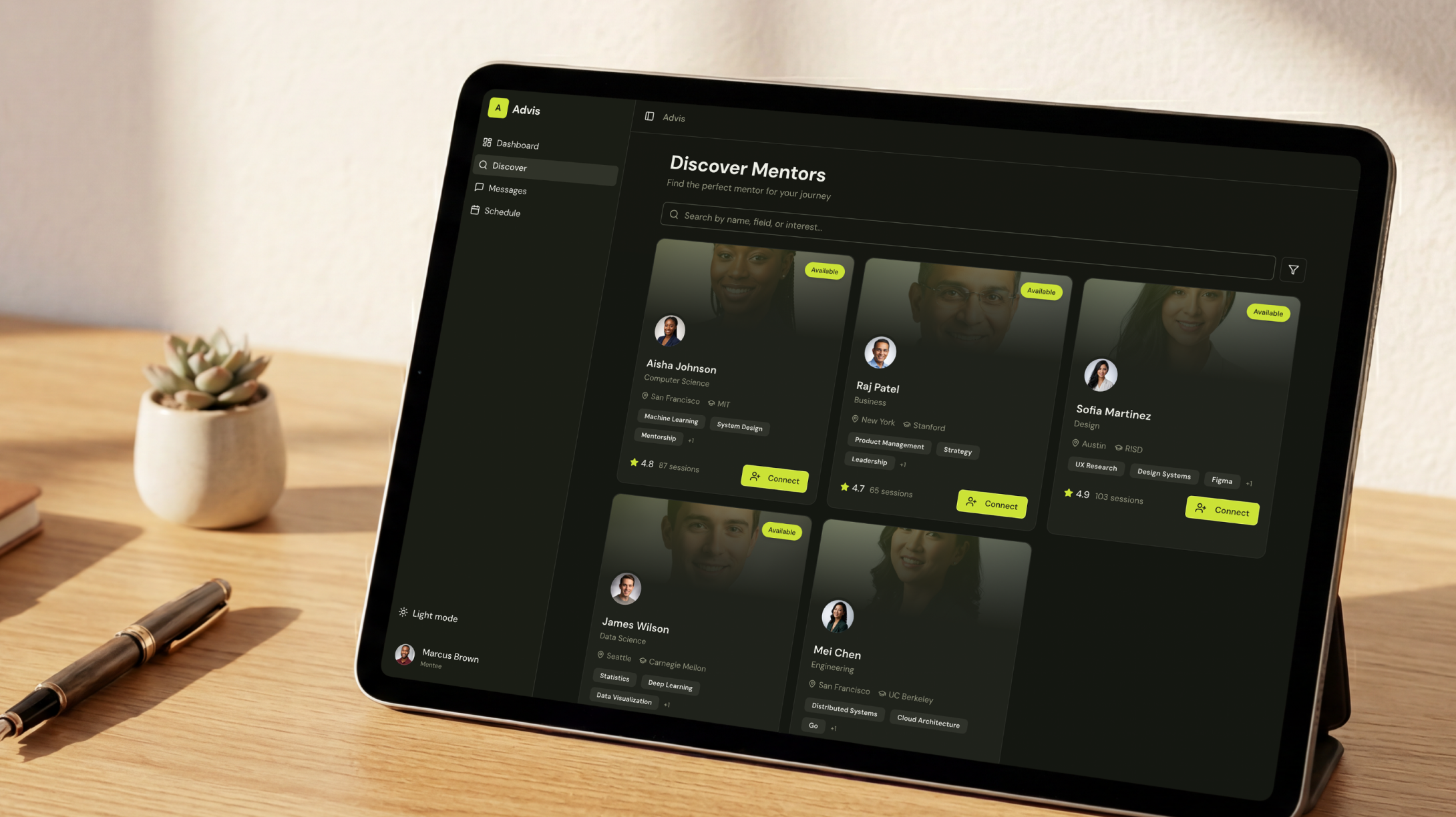 Tablet screen showing a SaaS dashboard of available mentors in a program. 