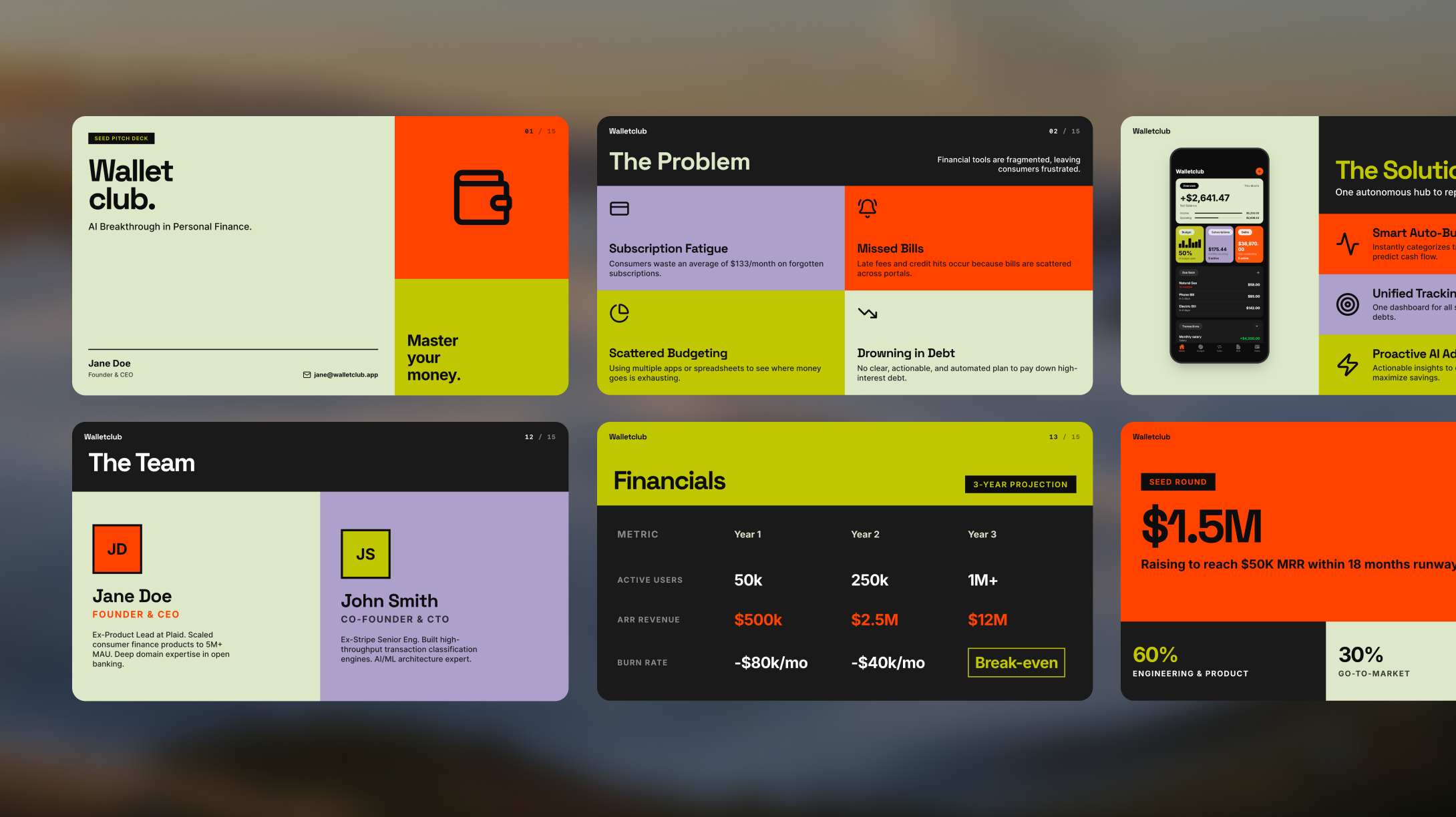 Several designs for a pitch deck laid out in a grid. 