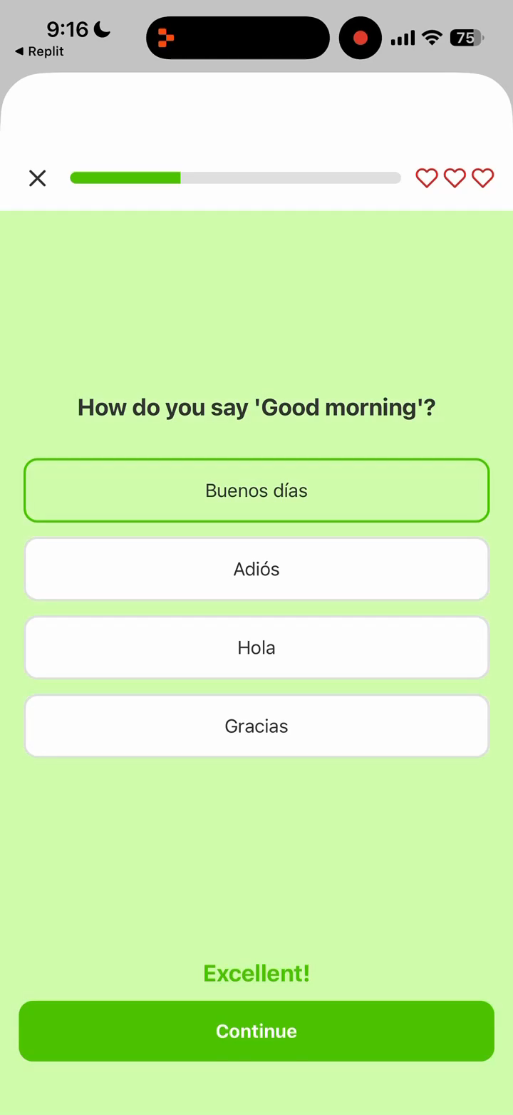 iPhone showing a Spanish language learning app with a quiz asking how to say Good morning, with multiple choice answers