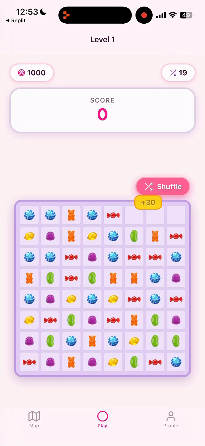 iPhone showing a candy match-3 puzzle game with colorful sweets on a purple grid, Level 1 with shuffle button